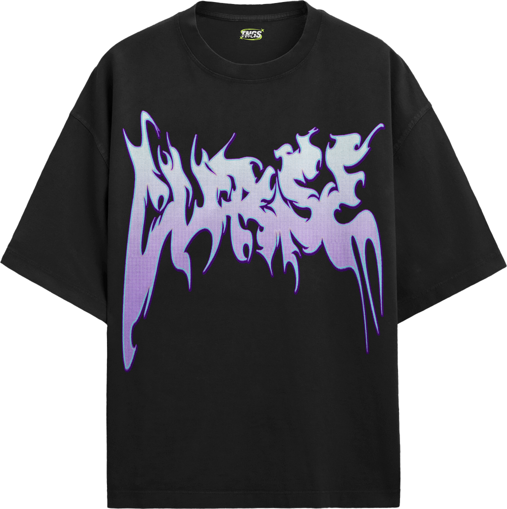 Front floating view of TNGS black oversized drop shoulder t-shirt with dripping purple gradient Cursed metal chest logo.