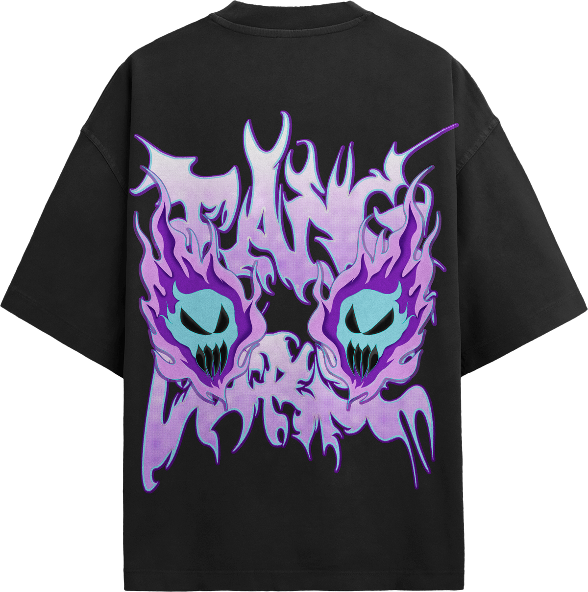 Back view of black streetwear tee featuring purple flaming demon skulls and cyan horned ghost graphic print.