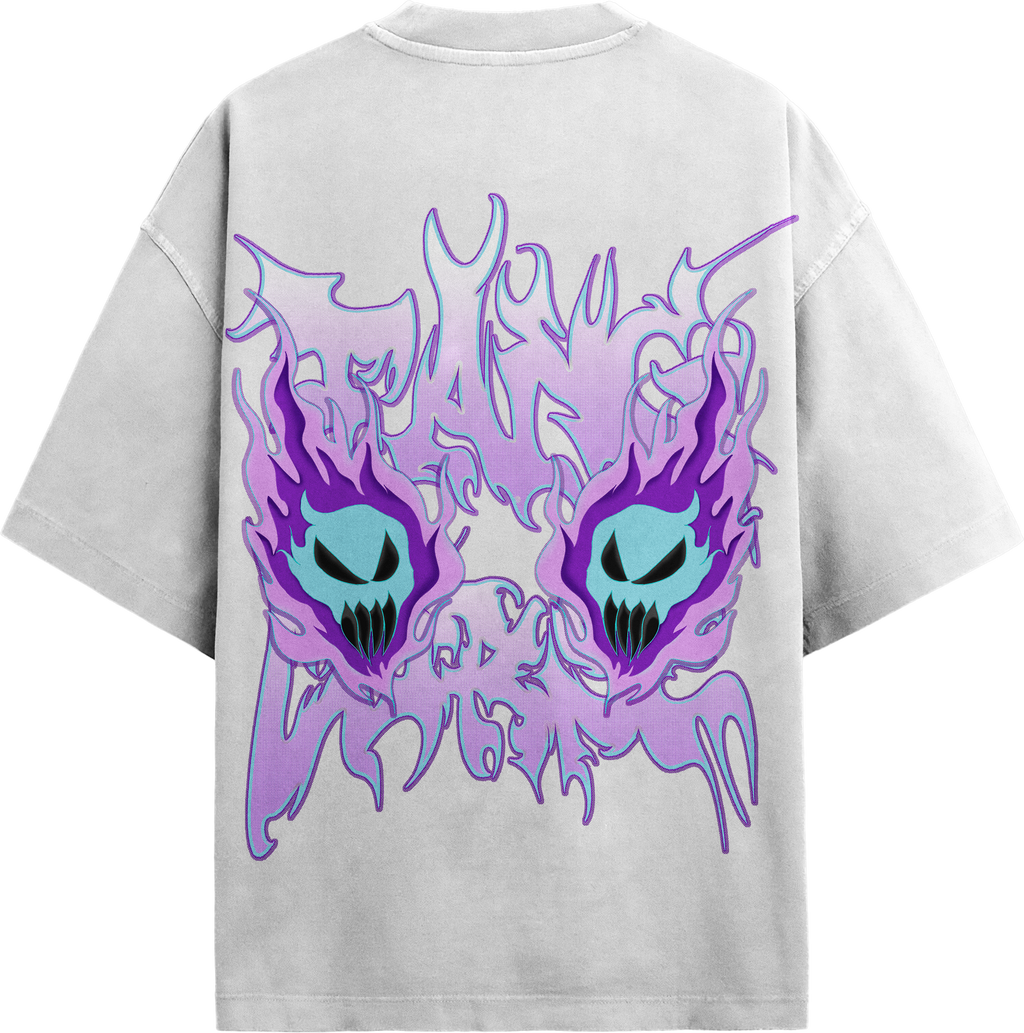 Back view of black streetwear tee featuring purple flaming demon skulls and cyan horned ghost graphic print.