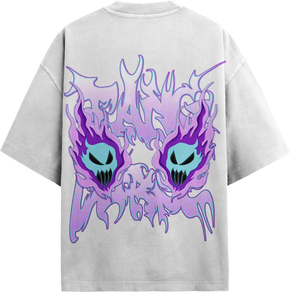 Back view of black streetwear tee featuring purple flaming demon skulls and cyan horned ghost graphic print.