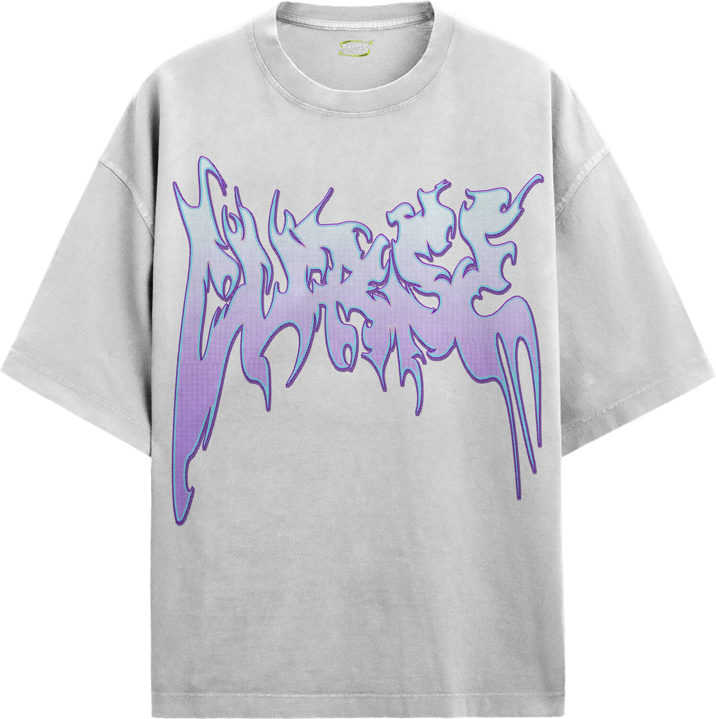 Front floating view of TNGS black oversized drop shoulder t-shirt with dripping purple gradient Cursed metal chest logo.
