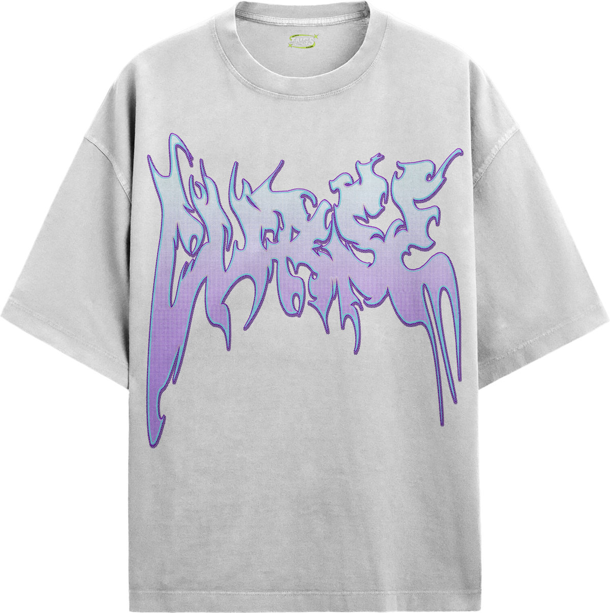 Front floating view of TNGS black oversized drop shoulder t-shirt with dripping purple gradient Cursed metal chest logo.