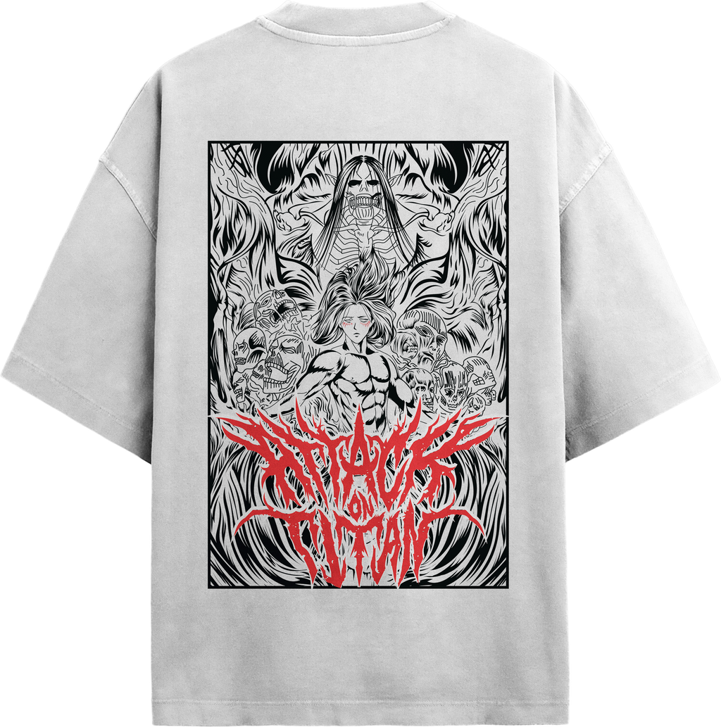 Back view of TNGS white oversized anime t-shirt with Eren Yeager Founding Titan and red death metal graphic.