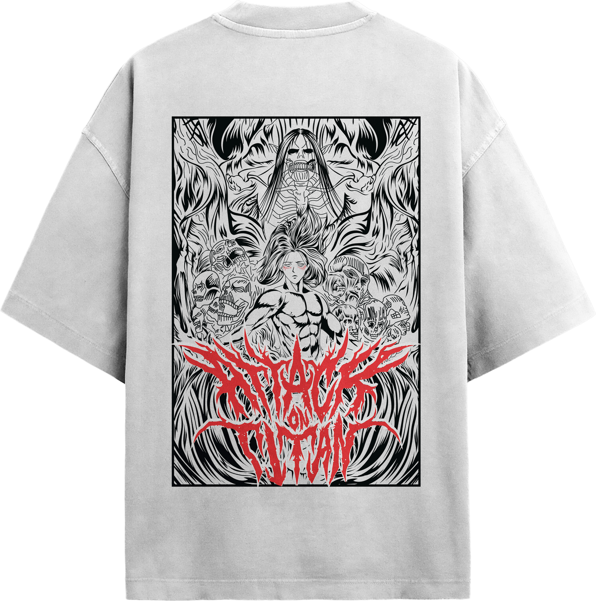 Back view of TNGS white oversized anime t-shirt with Eren Yeager Founding Titan and red death metal graphic.