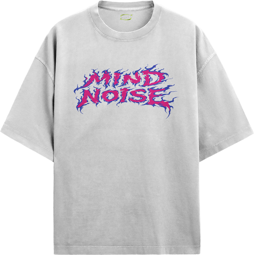 Front floating view of TNGS grey oversized drop shoulder t-shirt with pink and blue flame Mind Noise chest logo