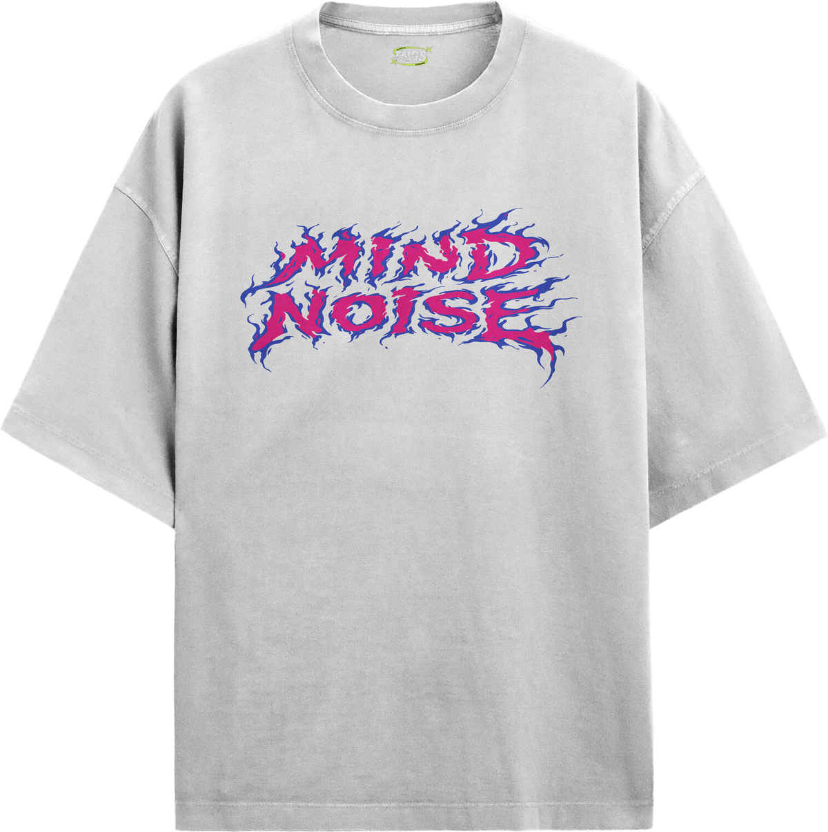 Front floating view of TNGS grey oversized drop shoulder t-shirt with pink and blue flame Mind Noise chest logo