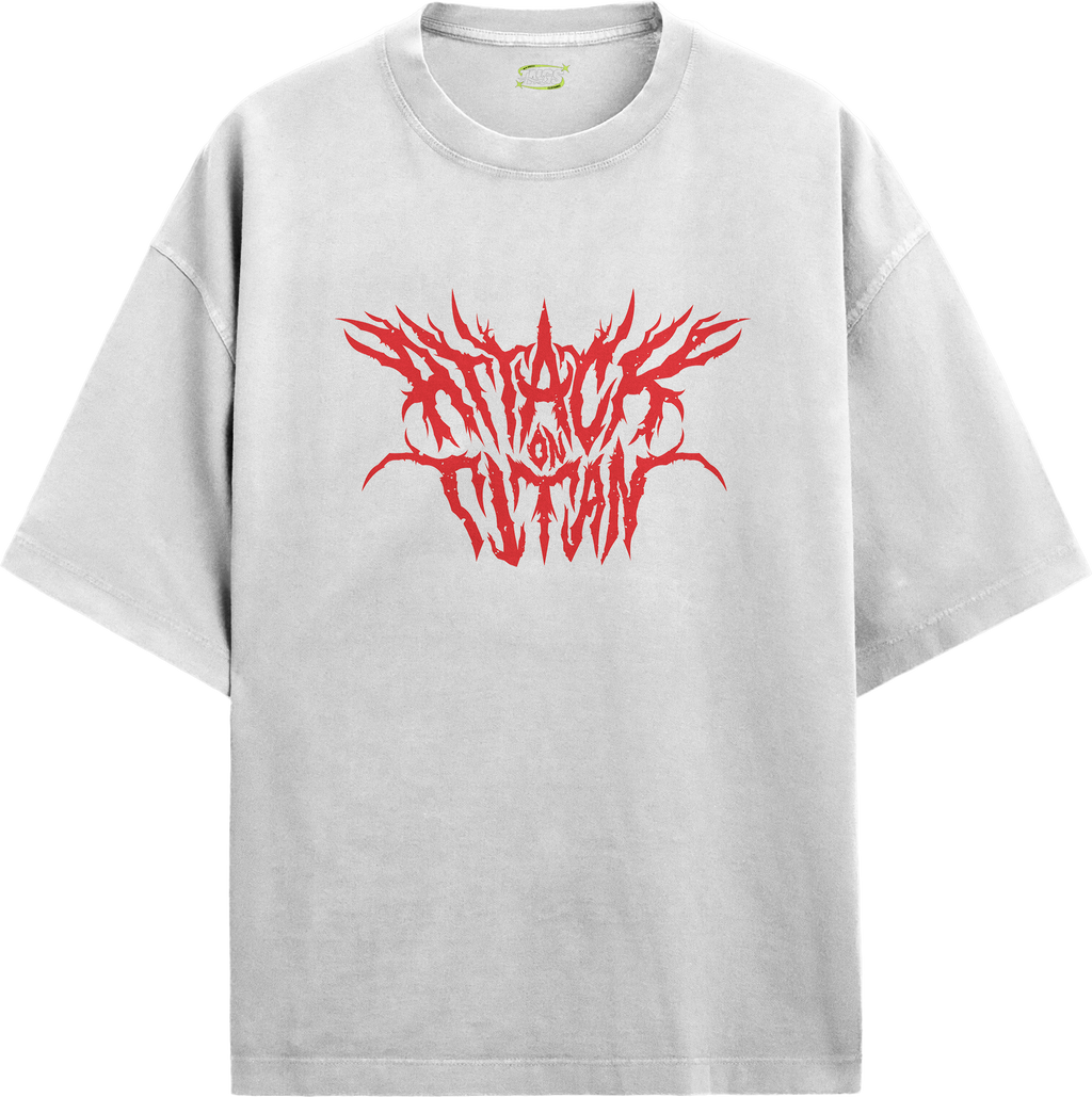 Front angle view of TNGS white drop shoulder t-shirt featuring red deathcore Attack On Titan chest logo.