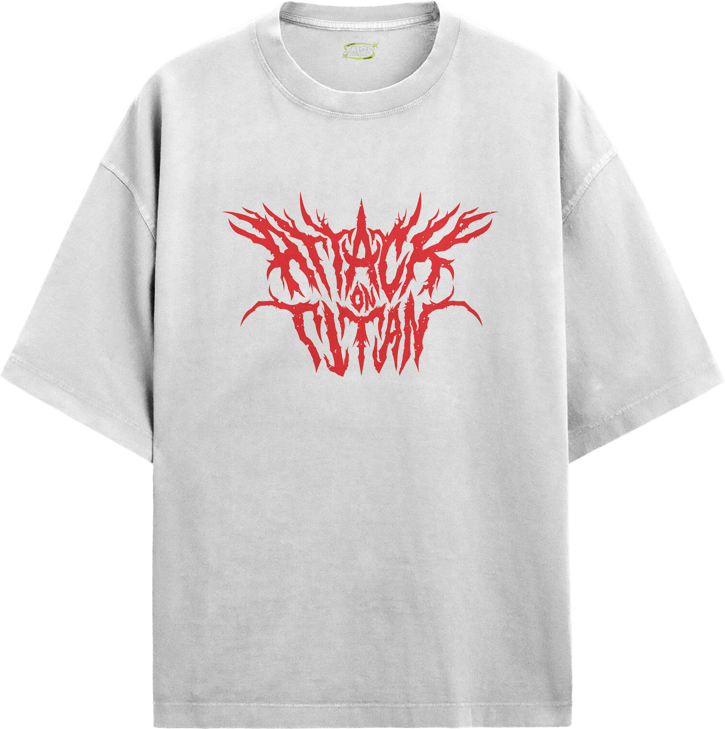 Front angle view of TNGS white drop shoulder t-shirt featuring red deathcore Attack On Titan chest logo.