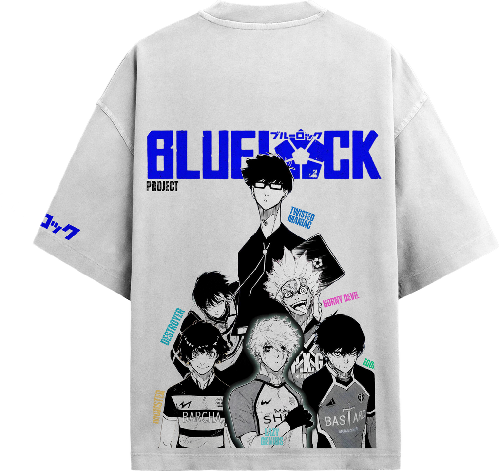 Back view of black streetwear tee featuring Blue Lock anime character collage print with Isagi, Nagi, and Bachira.