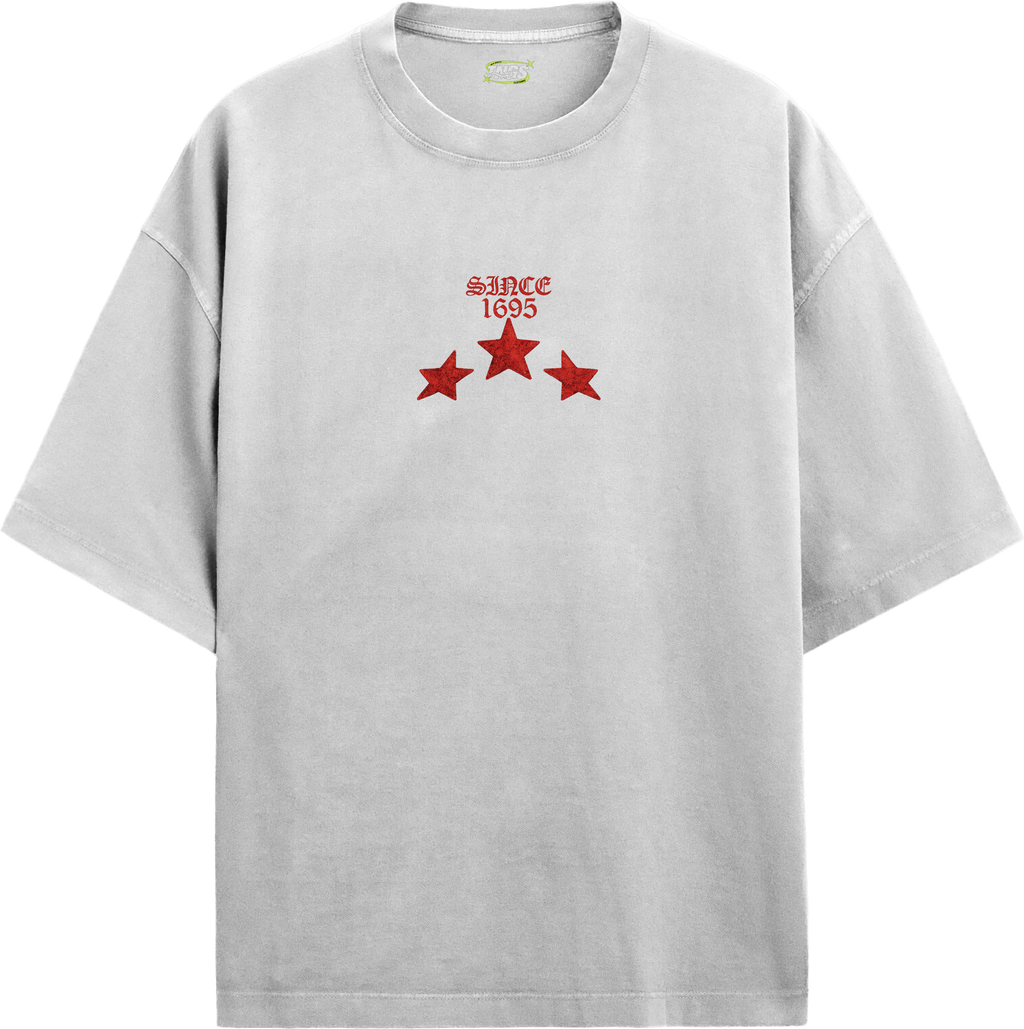 Front floating view of TNGS white oversized drop shoulder t-shirt with white gothic Old English Eternal chest logo.