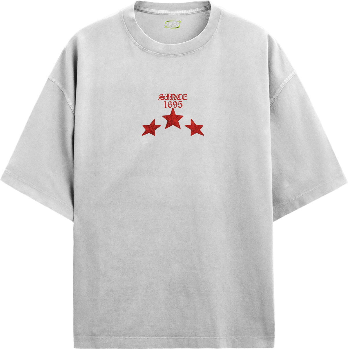 Front floating view of TNGS white oversized drop shoulder t-shirt with white gothic Old English Eternal chest logo.