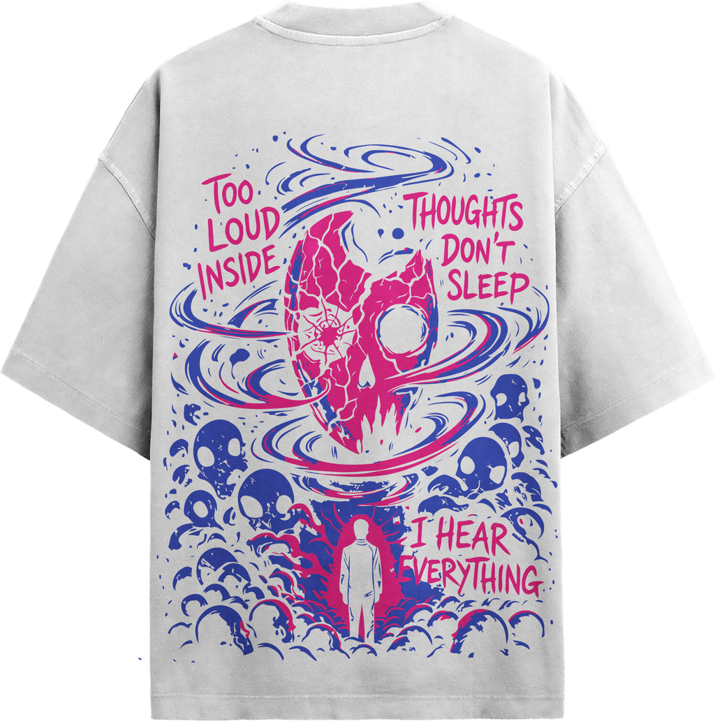 Back view of grey streetwear t-shirt featuring pink cracked skull, thought typography, and swirling blue vortex graphic.