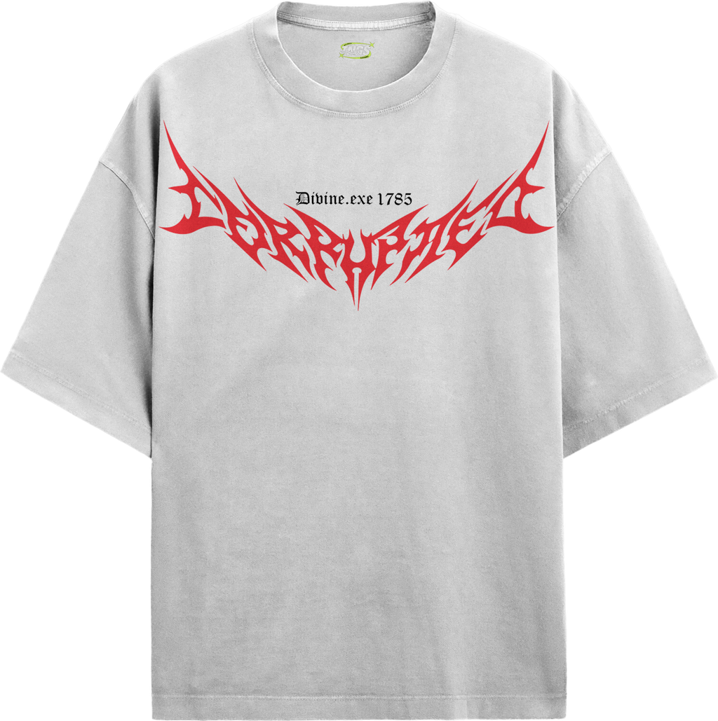 Front view of model wearing TNGS white oversized t-shirt with crimson red Corrupt metal typography chest print.