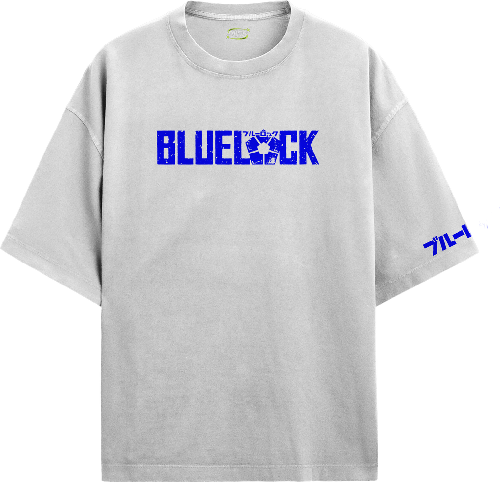 Front view of TNGS black oversized drop shoulder anime t-shirt with cobalt blue distressed Blue Lock chest logo.