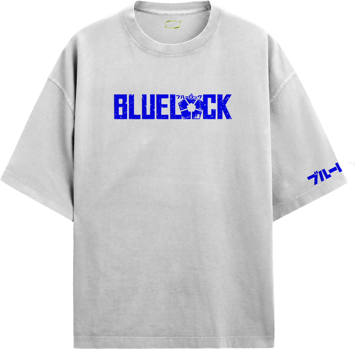 Front view of TNGS black oversized drop shoulder anime t-shirt with cobalt blue distressed Blue Lock chest logo.