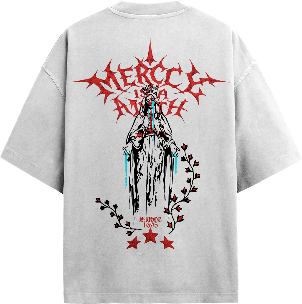 Back view of white streetwear tee featuring classical Greek statue skull split back print with gothic Eternal typography.