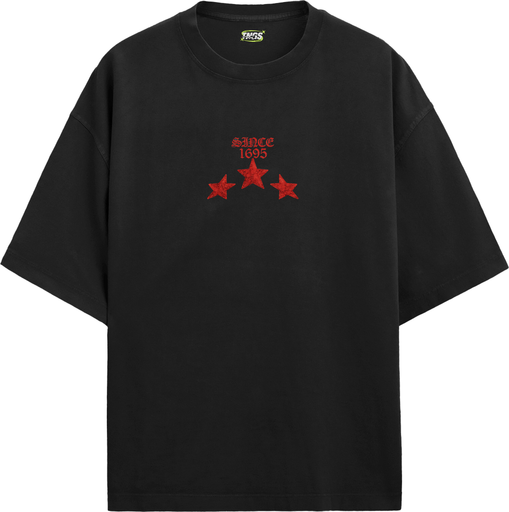 Front floating view of TNGS black oversized drop shoulder t-shirt with white gothic Old English Eternal chest logo.