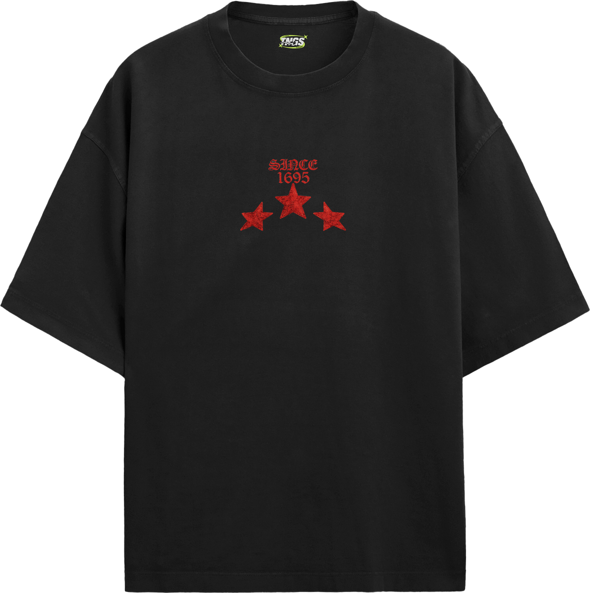 Front floating view of TNGS black oversized drop shoulder t-shirt with white gothic Old English Eternal chest logo.