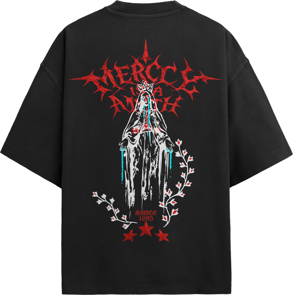 Back view of black streetwear tee featuring classical Greek statue skull split back print with gothic Eternal typography.