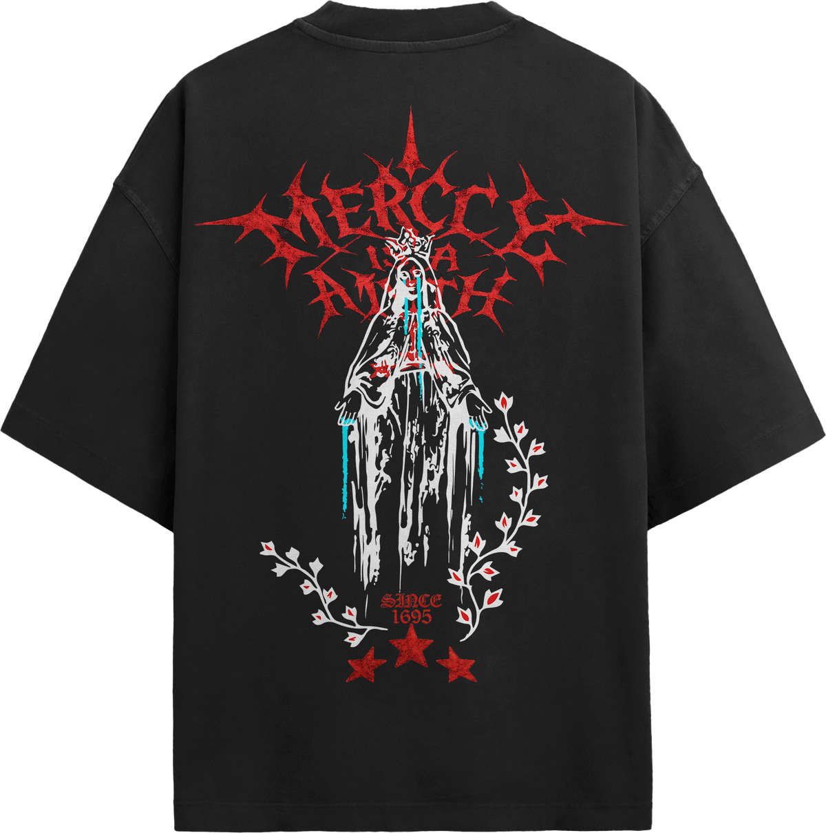 Back view of black streetwear tee featuring classical Greek statue skull split back print with gothic Eternal typography.