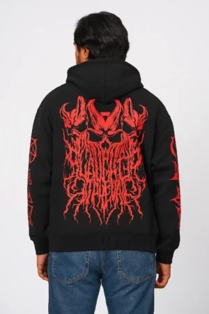 Streetwear Black Oversized Graphic Hoodie with Red Demon Print